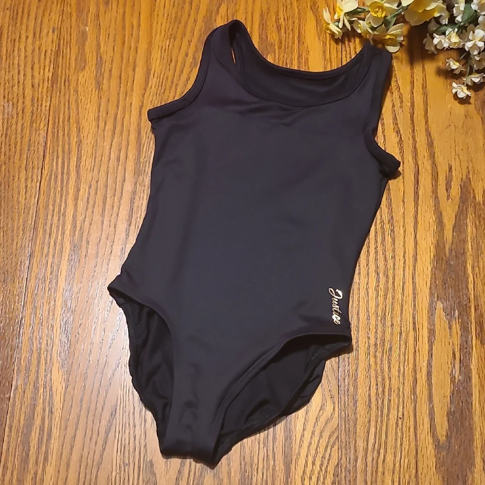 Justice Black Leotard with Gold Logo - Girl's XS